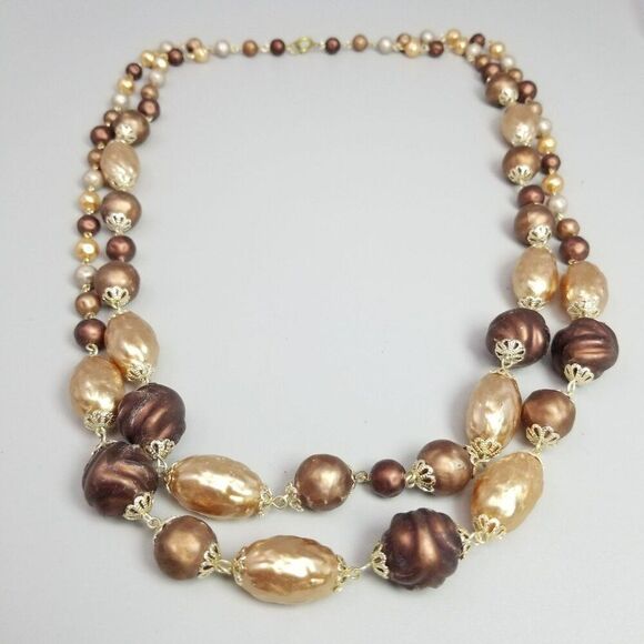 Vintage Shades of Brown Two Strand Long Beaded Necklace 26 Inches Mix Bead Shape - Picture 1 of 9